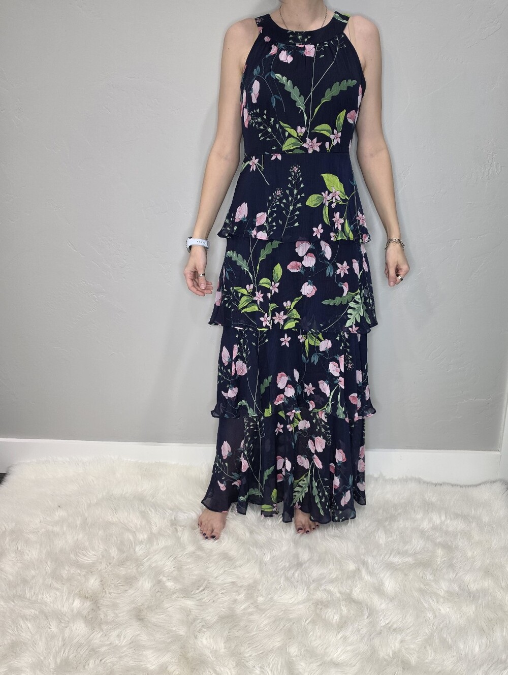 Navy Floral Tiered Maxi Dress with Pink & Green Accents